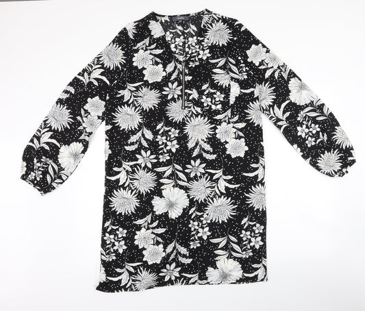 Studio Womens Black Floral Polyester Shirt Dress  Size 12  V-Neck Zip - polka dot