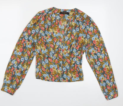 Preloved In Vogue Womens Multicoloured Floral Polyester Cropped Blouse Size S V-Neck - Front