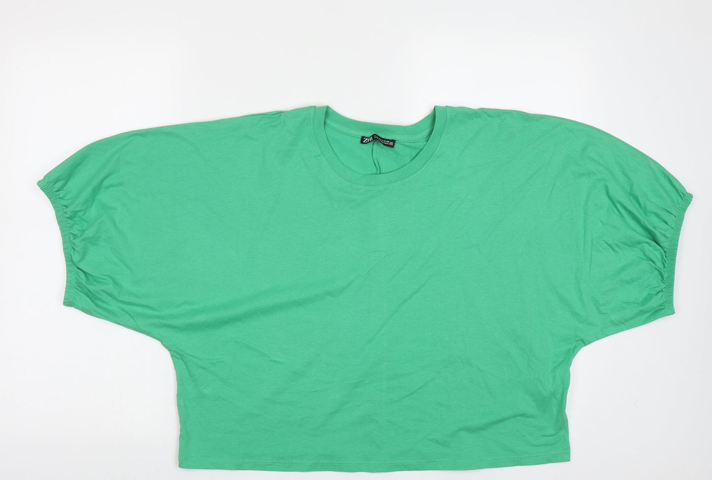 Zara Womens Green  Cotton Cropped T-Shirt Size S Crew Neck
