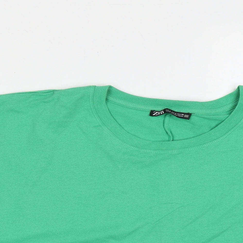 Zara Womens Green  Cotton Cropped T-Shirt Size S Crew Neck