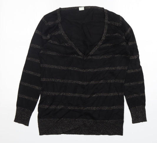 New Look Womens Black V-Neck Striped Acrylic Pullover Jumper Size 14