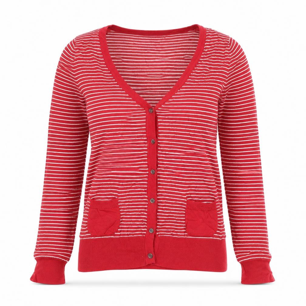 Linea Womens Red V-Neck Striped Cotton Cardigan Jumper Size S