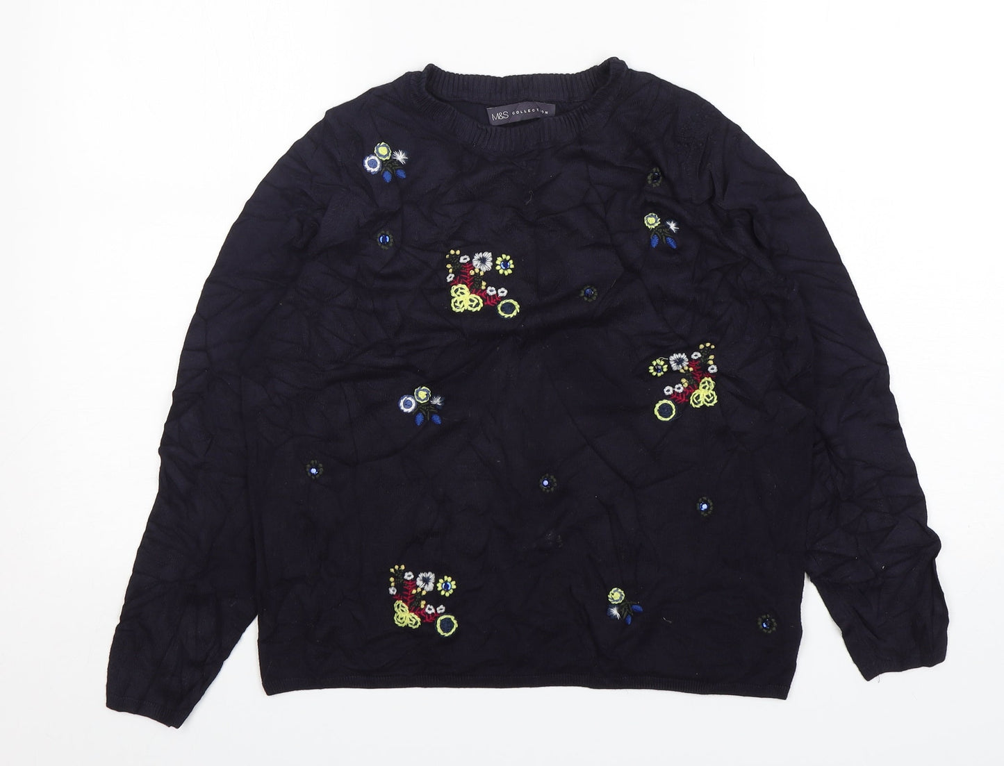 M&S Womens Blue Round Neck Floral Viscose Pullover Jumper Size 14