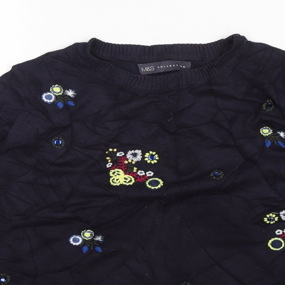 M&S Womens Blue Round Neck Floral Viscose Pullover Jumper Size 14