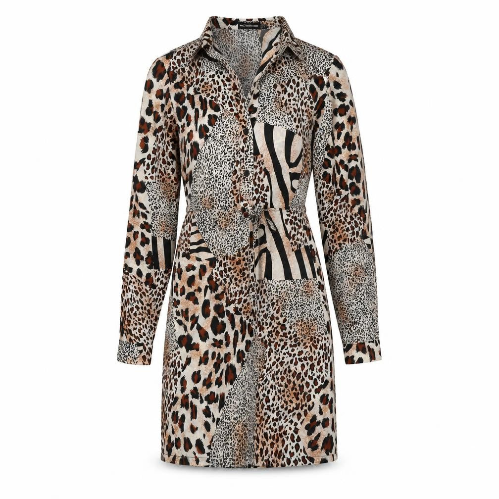 PRETTYLITTLETHING Womens Multicoloured Animal Print Polyester A-Line  Size 6  Collared  - leopard Print