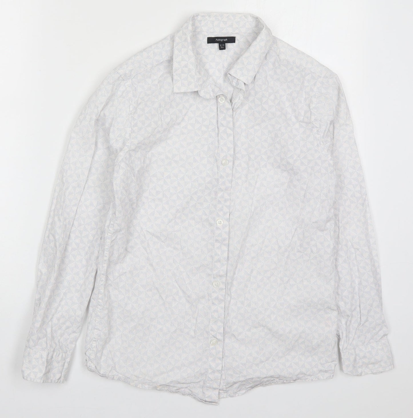 Marks and Spencer Boys White Geometric Cotton Basic Button-Up Size 12-13 Years Collared Button