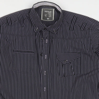 Preloved REMUS Mens Purple Striped Polyester  Button-Up Size M Collared Button - Detail