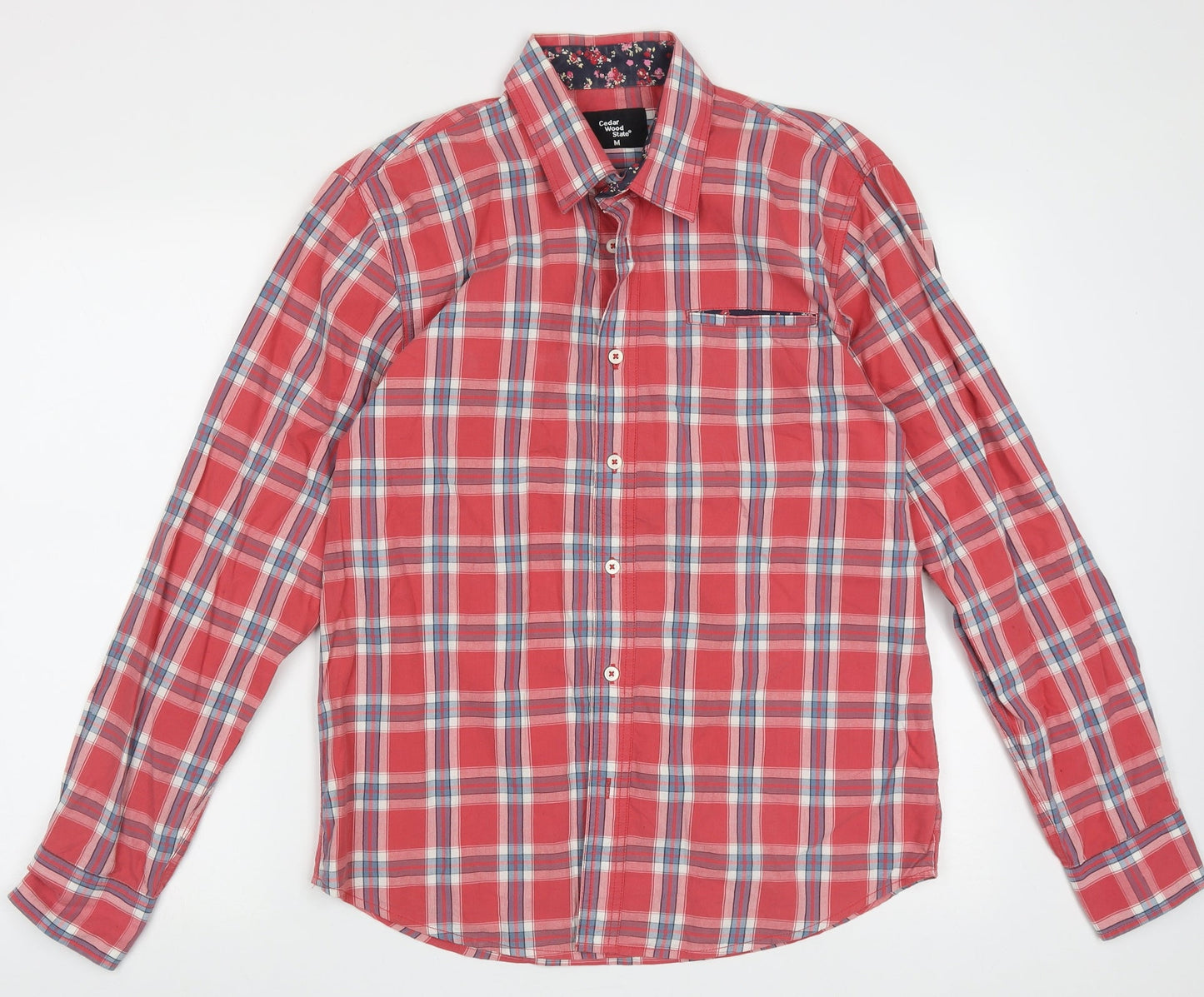Cedar Wood State Mens Red Check Cotton  Button-Up Size M Collared Button