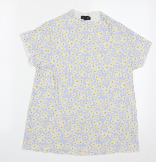New Look Womens Blue Floral Polyester Basic T-Shirt Size 14 High Neck