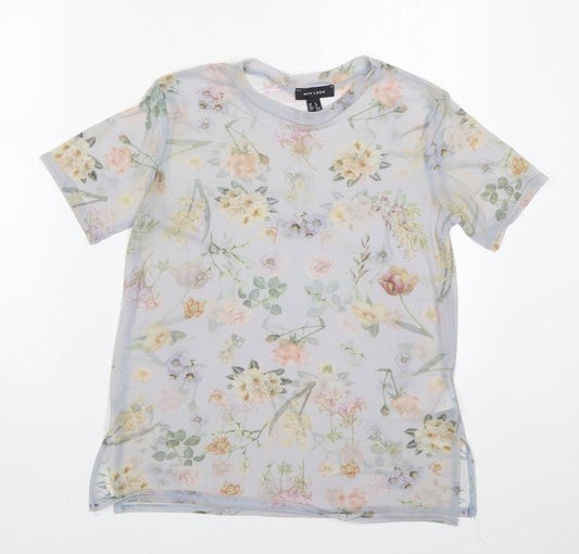 New Lok Womens Grey Floral Nylon Basic T-Shirt Size 8 Round Neck