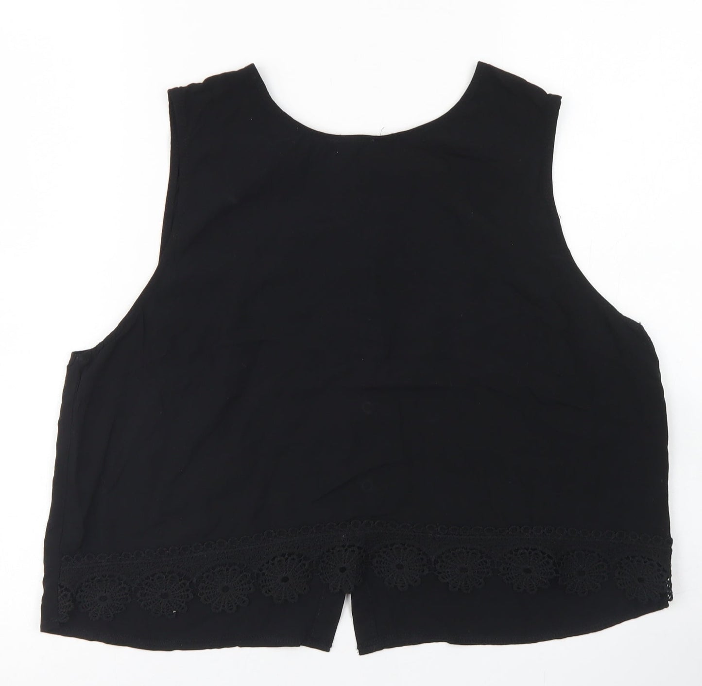 Brave Soul Womens Black  Viscose Cropped Blouse Size L Round Neck - Lace Trim