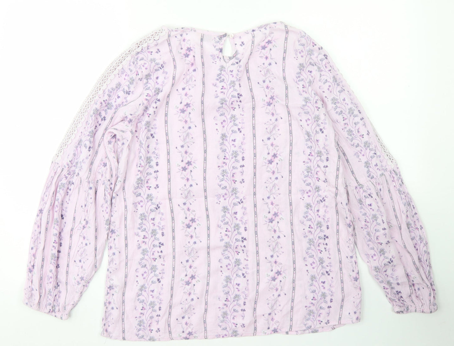 M&Co Womens Purple Floral Viscose Basic T-Shirt Size 10 Round Neck - Lace sleeve detail