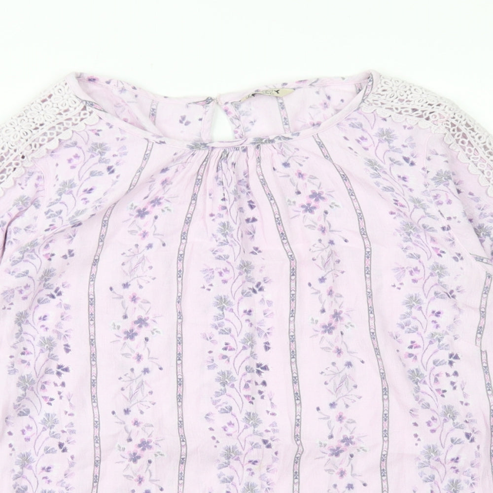 M&Co Womens Purple Floral Viscose Basic T-Shirt Size 10 Round Neck - Lace sleeve detail