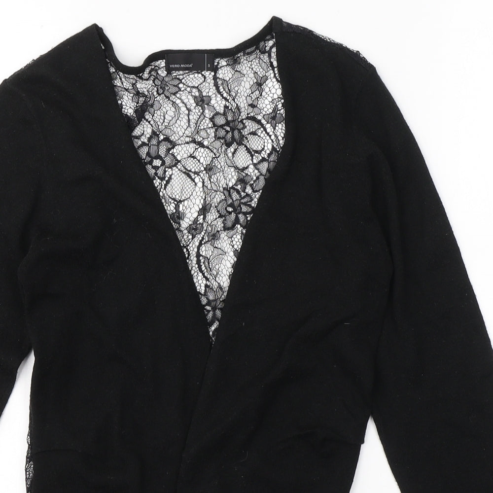 VERO MODA Womens Black V-Neck Floral Polyester Cardigan Jumper Size S   - Laced back