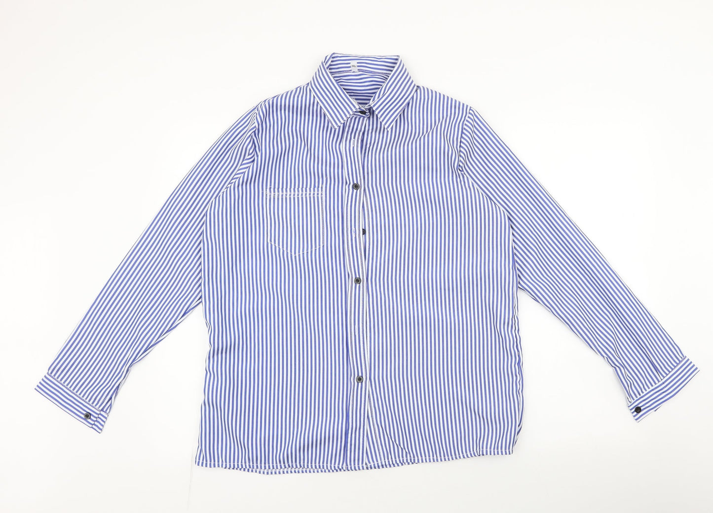 Preworn Mens Blue Striped Polyester  Button-Up Size XL Collared Button