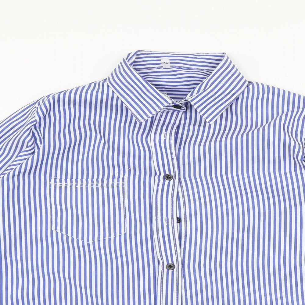 Preworn Mens Blue Striped Polyester  Button-Up Size XL Collared Button
