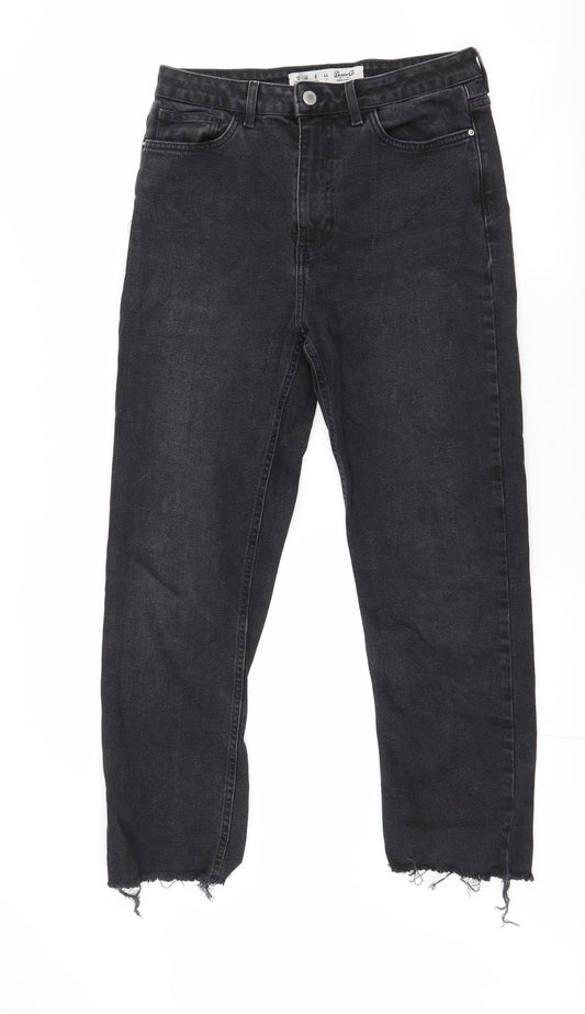 Denim & Co. Womens Black  Cotton Straight Jeans Size 12 L25 in Regular Zip - distressed ankle