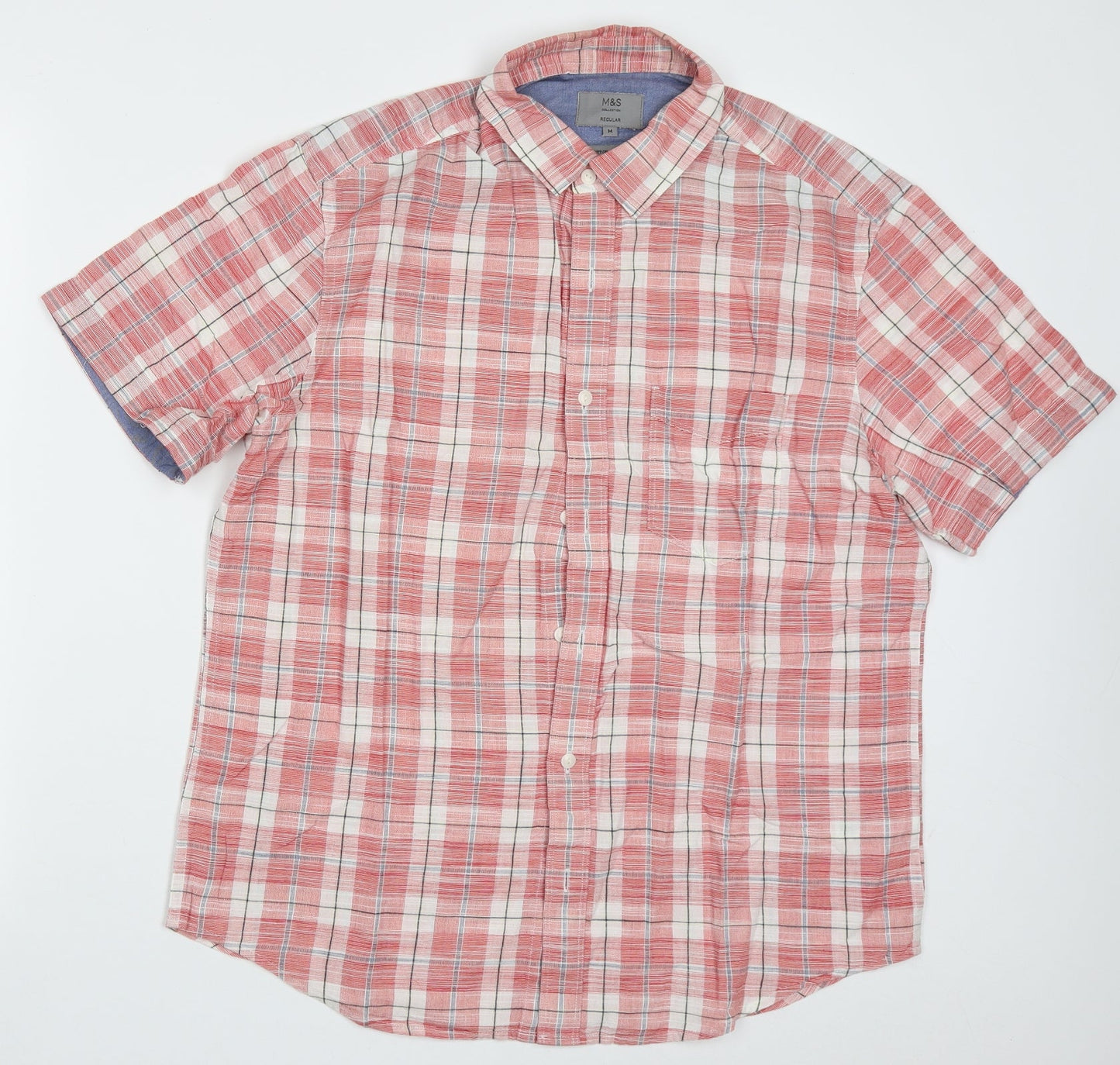 Marks and Spencer Mens Red Check Cotton  Button-Up Size M Collared Button
