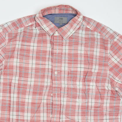 Marks & Spencer Mens Red Check Cotton  Button-Up Size M Collared Button