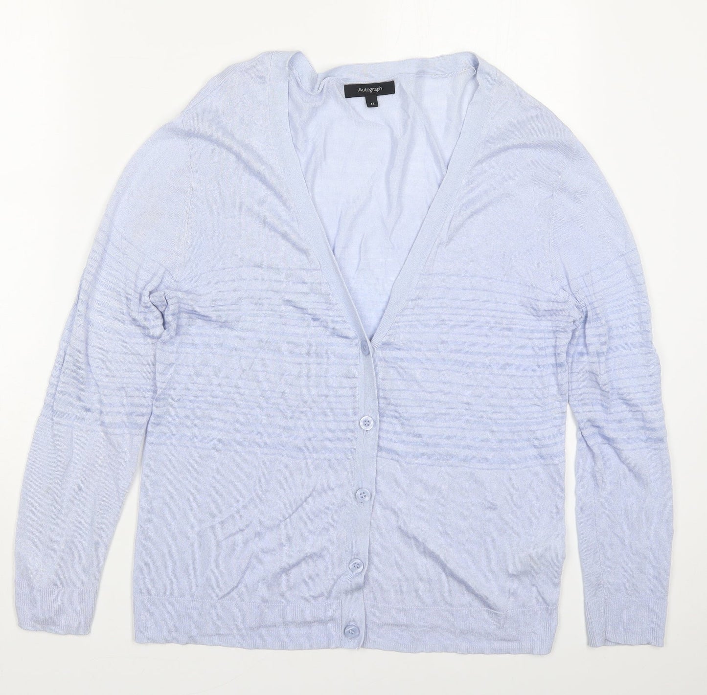 Marks and Spencer Womens Blue V-Neck Striped Linen Cardigan Jumper Size 14