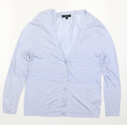 Marks and Spencer Womens Blue V-Neck Striped Linen Cardigan Jumper Size 14