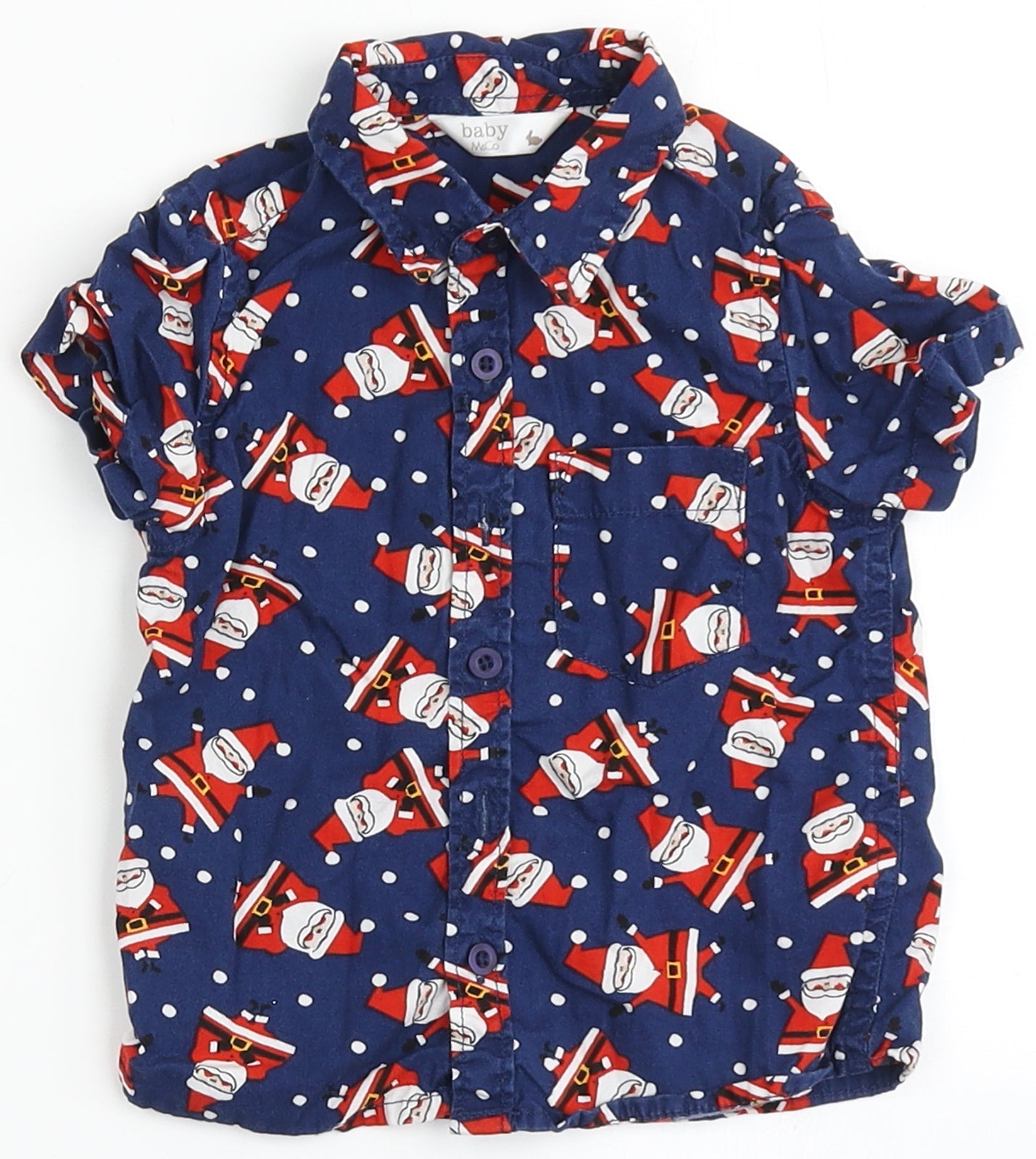 M&Co  Blue  100% Cotton Basic Button-Up Size 12-18 Months Round Neck Button - Santa