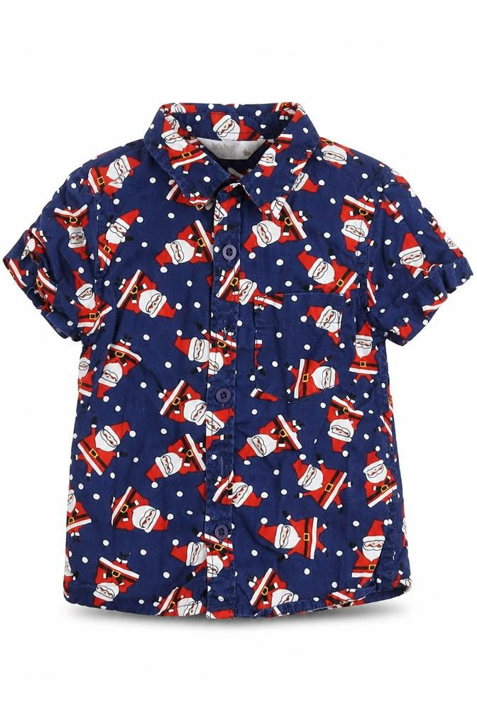 M&Co  Blue  100% Cotton Basic Button-Up Size 12-18 Months Round Neck Button - Santa