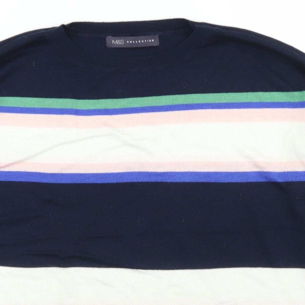 M&S Collection Womens Blue Crew Neck Striped Acrylic Pullover Jumper Size M