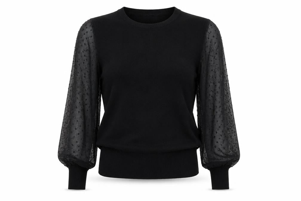 New Look Womens Black Polka Dot Viscose Basic Blouse Size 10 Round Neck - Spotted pattern on arms