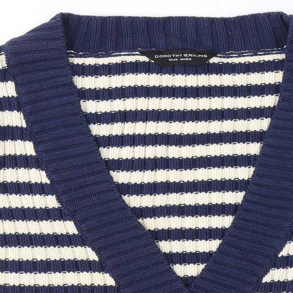 Dorothy Perkins Womens Blue V-Neck Striped Cotton Cardigan Jumper Size 12