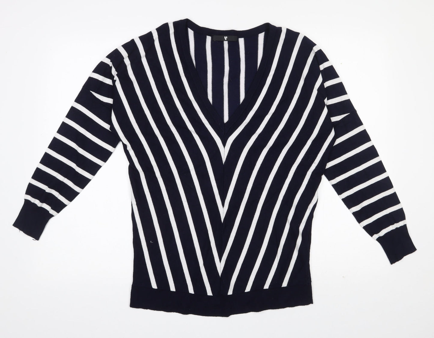 Very Womens Blue V-Neck Striped Viscose Pullover Jumper Size 8
