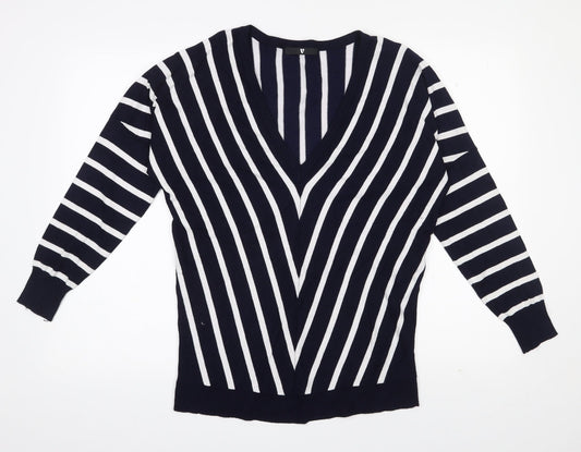 Very Womens Blue V-Neck Striped Viscose Pullover Jumper Size 8