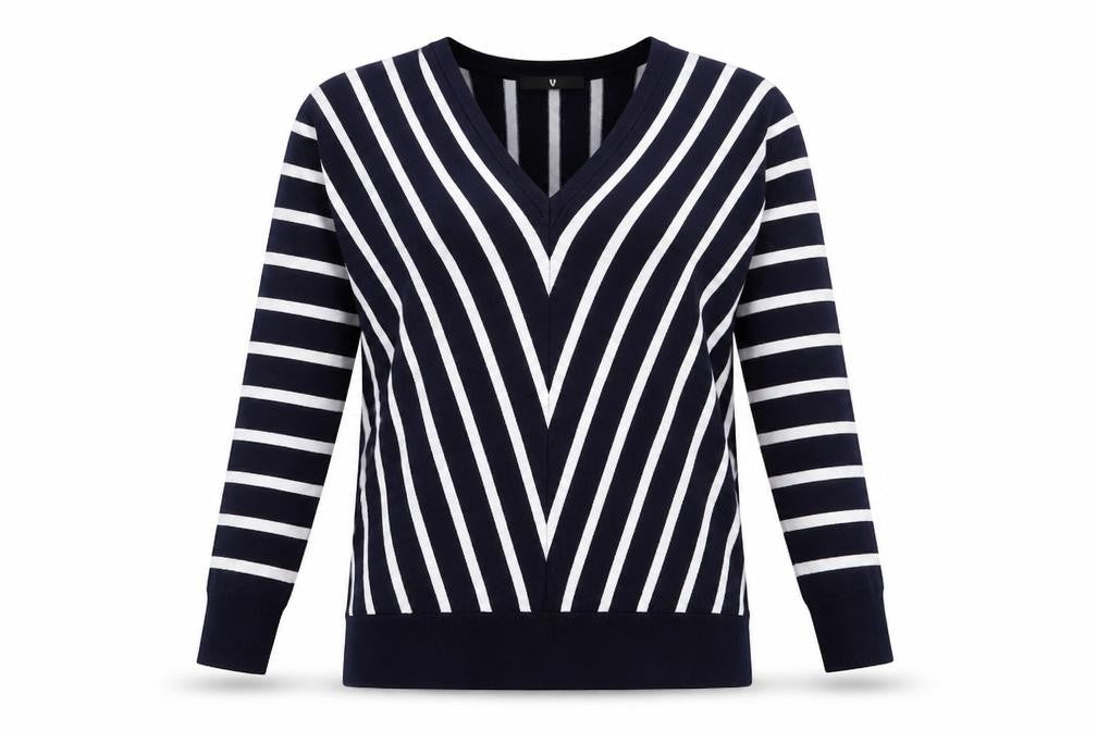 Very Womens Blue V-Neck Striped Viscose Pullover Jumper Size 8