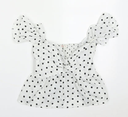 Preloved ROMWE Womens White Polka Dot Polyester Cropped Blouse Size M Sweetheart - Front