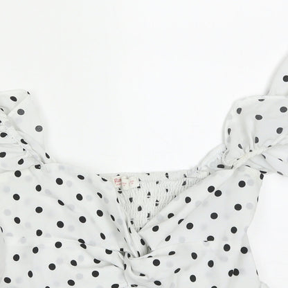 Preloved ROMWE Womens White Polka Dot Polyester Cropped Blouse Size M Sweetheart - Detail