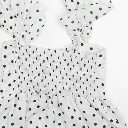 Preloved ROMWE Womens White Polka Dot Polyester Cropped Blouse Size M Sweetheart - Label
