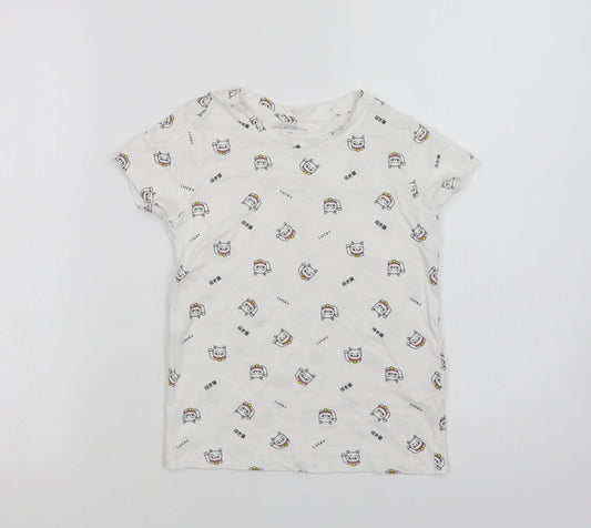 RESERVED Girls White Geometric Cotton Basic T-Shirt Size 6-7 Years Crew Neck  - Lucky Cat