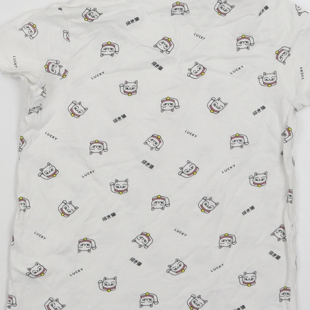 RESERVED Girls White Geometric Cotton Basic T-Shirt Size 6-7 Years Crew Neck  - Lucky Cat