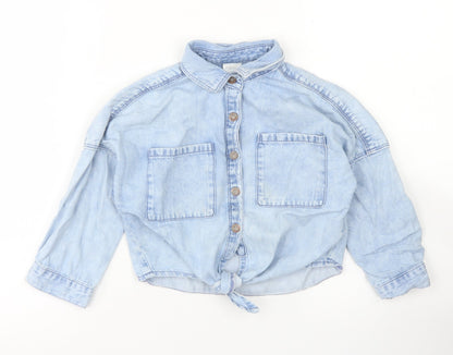 Preloved NEXT Girls Blue  Cotton Cropped Button-Up Size 4 Years Collared Button - Tie Front - Front