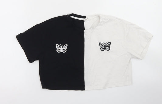 SheIn Girls Black Colourblock Cotton Cropped T-Shirt Size 8 Years Crew Neck  - butterflies