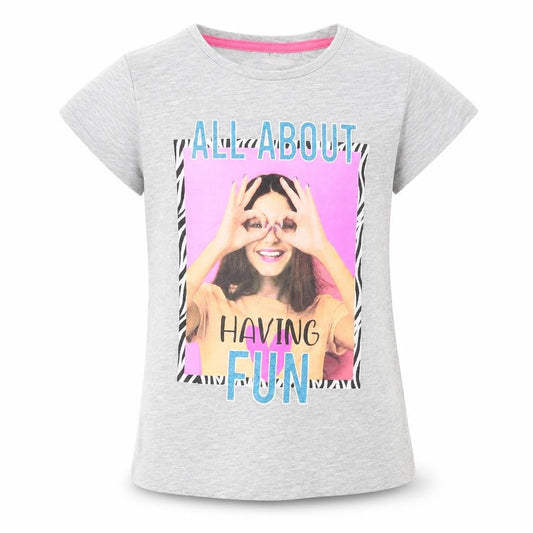 Pep&Co Girls Grey  Cotton Basic T-Shirt Size 7-8 Years Crew Neck  - All about having fun