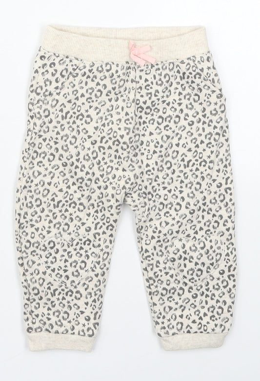 George Girls Beige Animal Print Cotton Sweatpants Trousers Size 6-9 Months