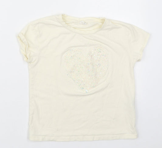 Zara Girls Ivory  Cotton Basic T-Shirt Size 7 Years Crew Neck Pullover - Heart