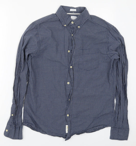 John Lewis Mens Blue Check Cotton  Button-Up Size M Collared Button