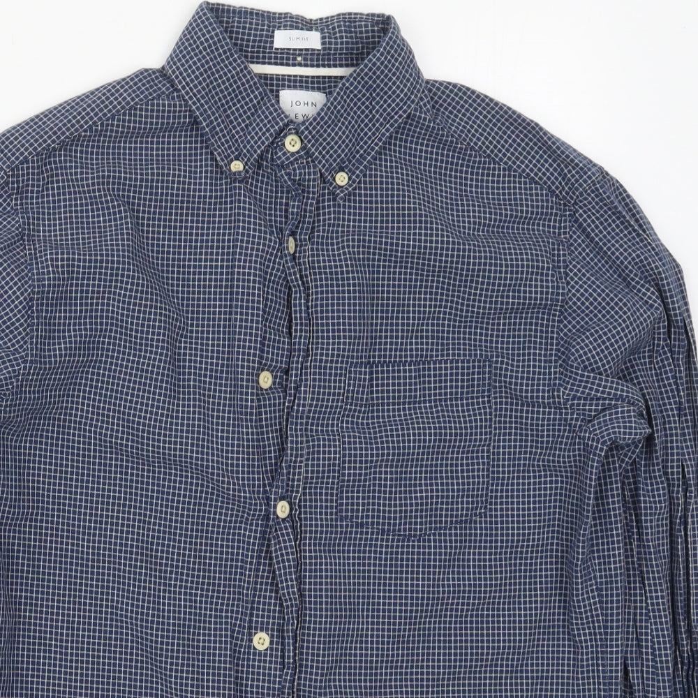 John Lewis Mens Blue Check Cotton  Button-Up Size M Collared Button