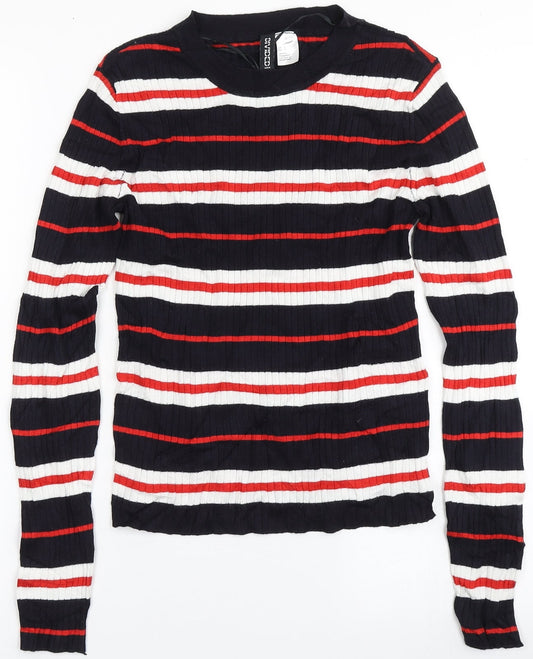 H&M Womens Blue Round Neck Striped Viscose Pullover Jumper Size S