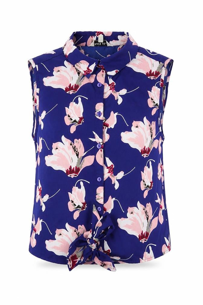 Brave Soul Womens Blue Floral Polyester Basic Blouse Size M Collared - Tie at bottom, button-up