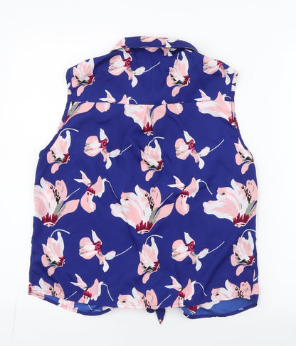 Brave Soul Womens Blue Floral Polyester Basic Blouse Size M Collared - Tie at bottom, button-up