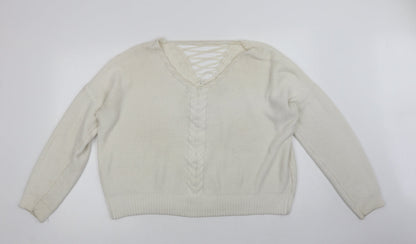 Miss Selfridge Womens White V-Neck   Pullover Jumper Size 16