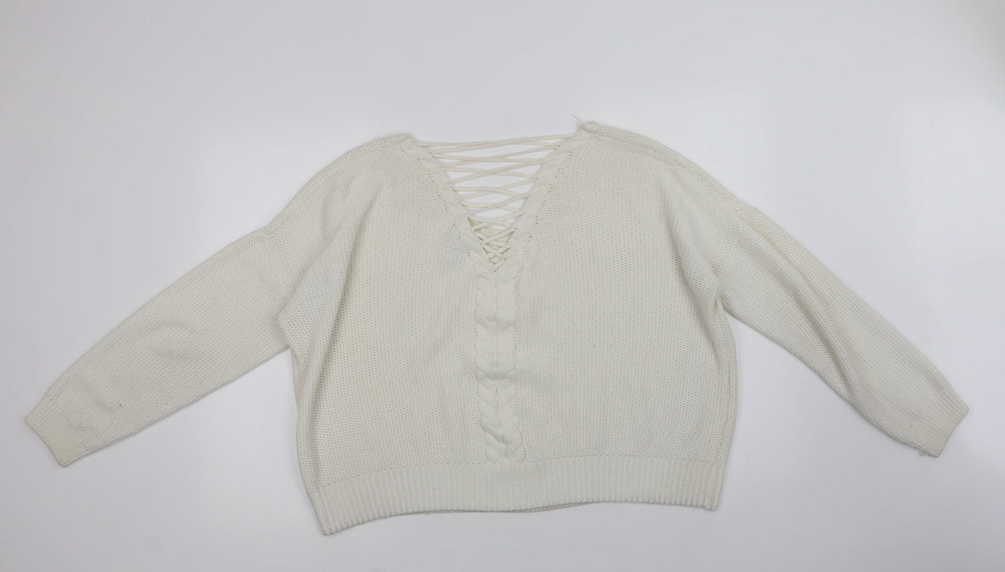 Miss Selfridge Womens White V-Neck   Pullover Jumper Size 16